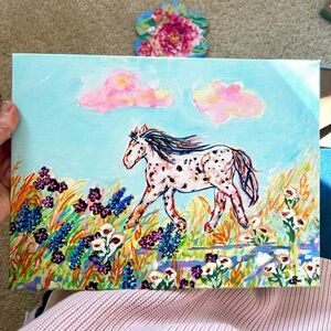 Original Acrylic Painting - Canvas Art - Spotted Horse/Wildflowers